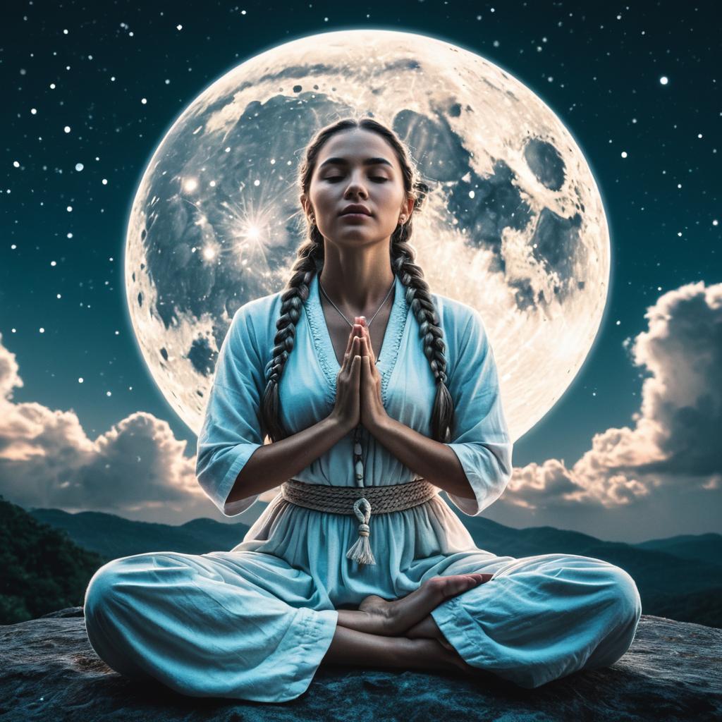 Meditating Woman with Full Moon Night Sky in Realistic Style Meditating Woman with Full Moon Night Sky in Realistic Style