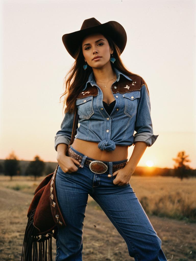 Stylish Cowgirl Woman in Denim Outfit and Cowboy Hat Outdoors at Sunset