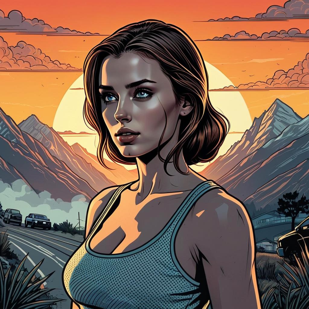 Digital Illustration of Woman at Sunset with Mountains and Road in Comic Book Style