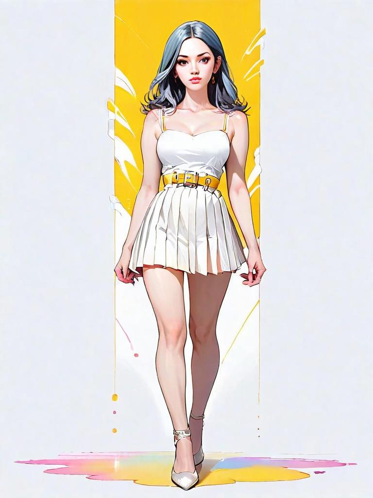 Realistic Comic Style Woman in White Cocktail Dress Full Body Illustration