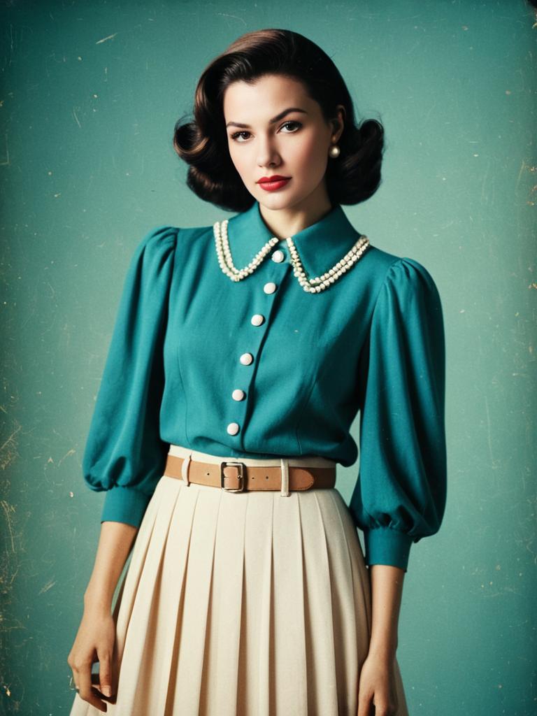 Vintage 1940s Woman in Teal Pearl Collar Blouse and Pleated Skirt