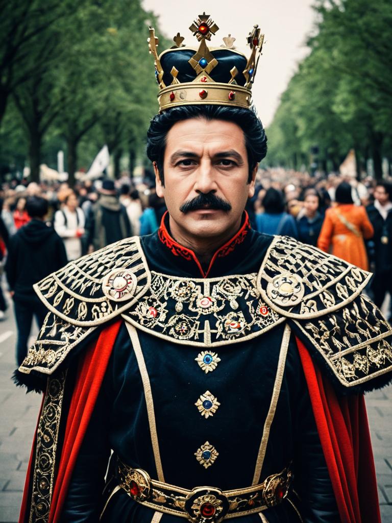 Man in Queen King Outfit Costume at Festival Portrait Realistic