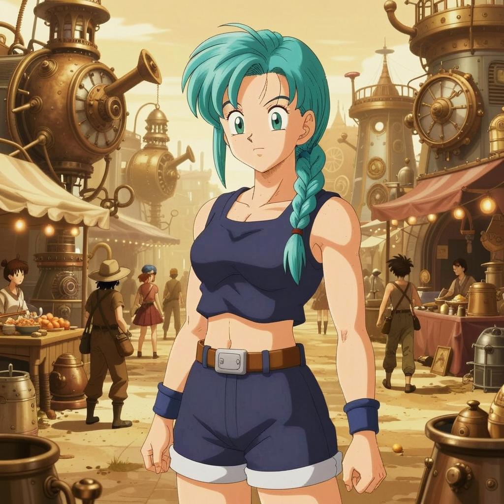 Anime Woman with Turquoise Hair in Steampunk Market Scene