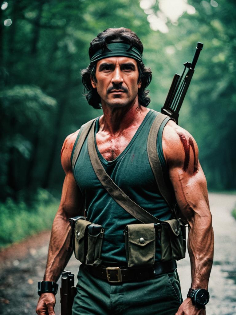 Man in Rambo First Blood Costume Cosplay Action Portrait