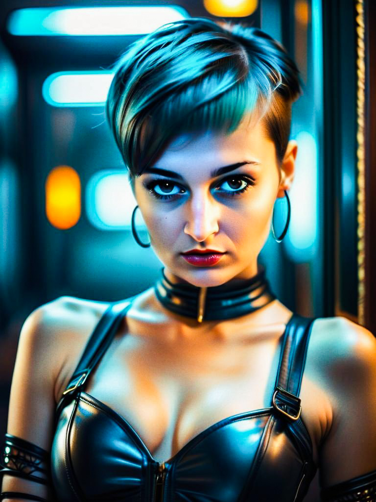 Confident Woman in Leather with Futuristic Aesthetic