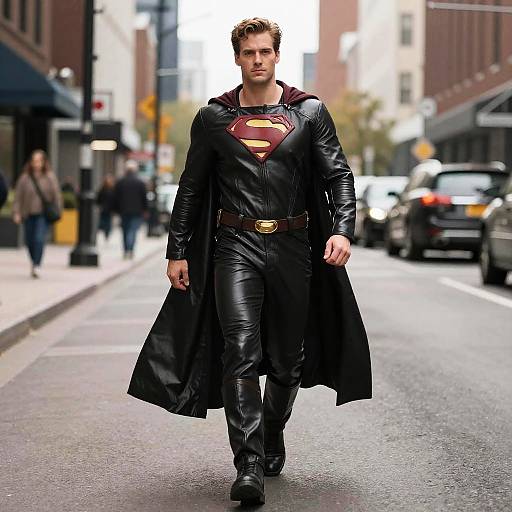 Man in Black Leather Superhero Costume with Cape Walking in City