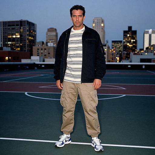Urban Man on Rooftop Basketball Court with City Skyline
