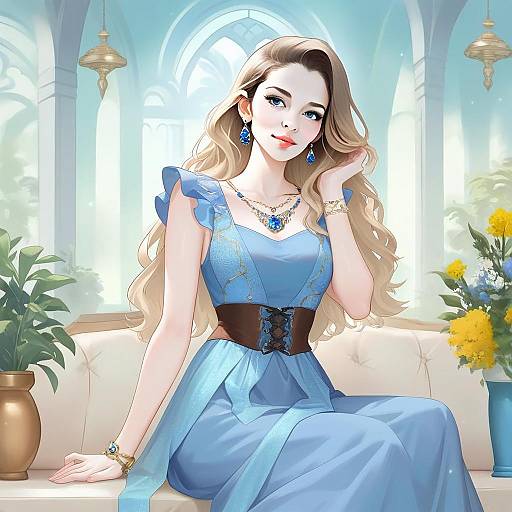 Elegant Woman in Blue Gown Digital Illustration Artwork