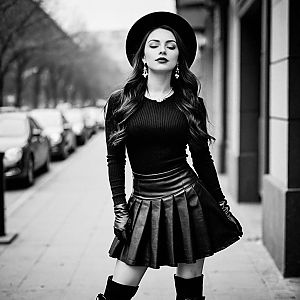Chic Woman in Leather Skirt on City Sidewalk