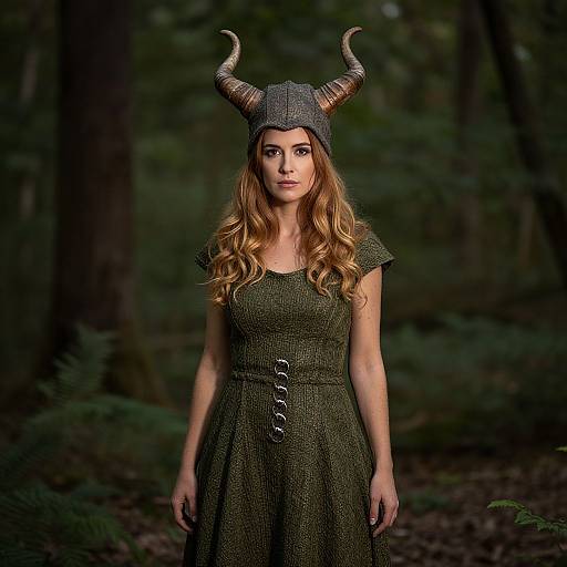 Woman in Viking Inspired Horned Helmet and Green Dress in Forest