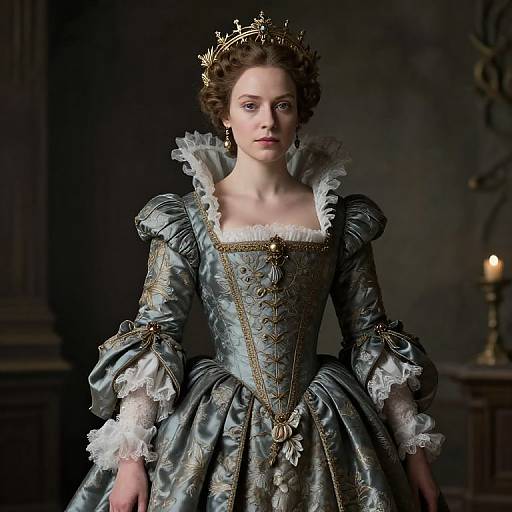 Woman in Royal Renaissance-era Gown with Gold Embroidery and Crown