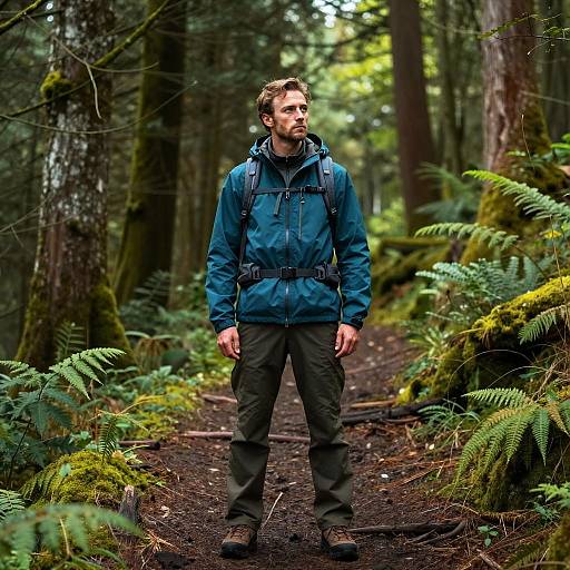 Man Hiking in Forest Trail with Backpack and Outdoor Gear