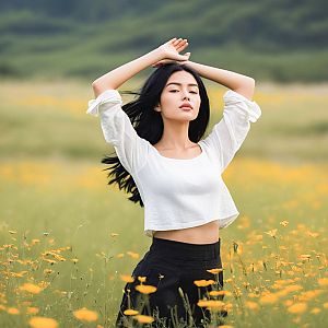 Woman in Yellow Flower Field