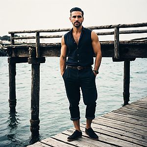 Stylish Man on Rustic Pier by Water