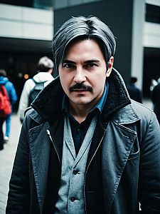 Man in Stylish Gray Hairstyle and Layered Jacket - Anya Forger Cosplay Inspired