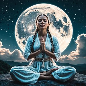 Meditating Woman with Full Moon Night Sky in Realistic Style