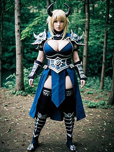 Fantasy Warrior Woman Cosplay with Horned Armor in Forest