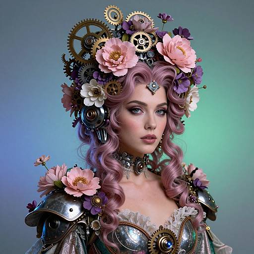 Steampunk Woman with Floral and Gear Headpiece in Elegant Victorian Costume