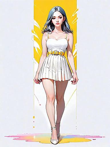 Realistic Comic Style Woman in White Cocktail Dress Full Body Illustration