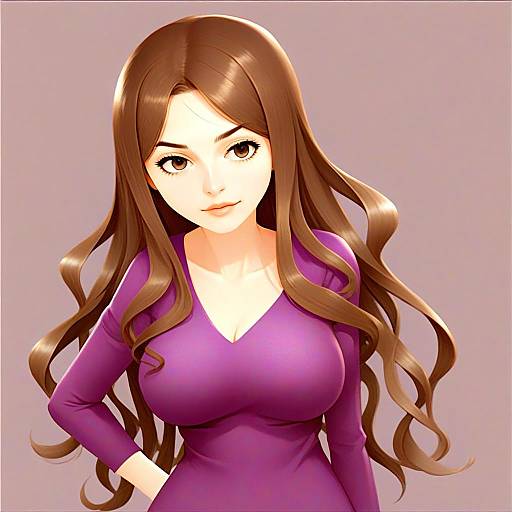 Stylized Anime Woman with Long Brown Hair in Purple Top