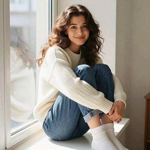 Young Woman in Cozy White Sweater Sitting by Window in Natural Light