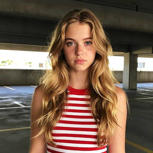 Young Woman with Blonde Hair in Red and White Striped Top in Parking Garage
