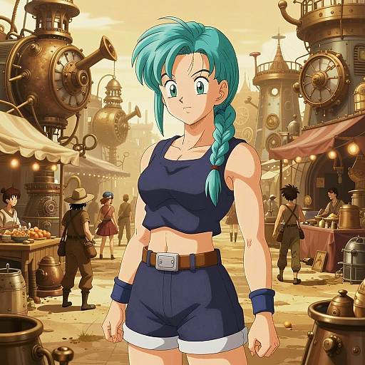Anime Woman with Turquoise Hair in Steampunk Market Scene