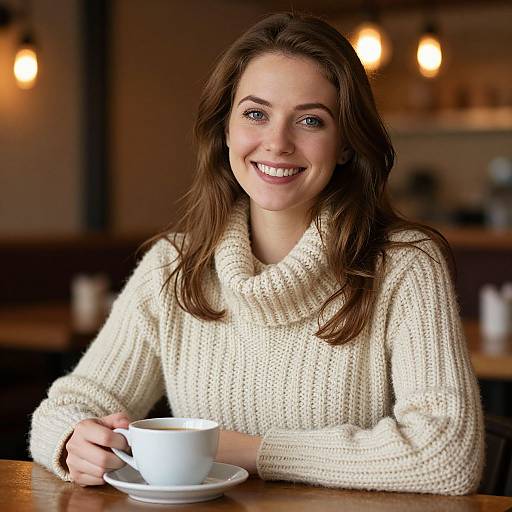 Smiling Woman in Cream Knit Sweater Enjoying Coffee in Cozy Café