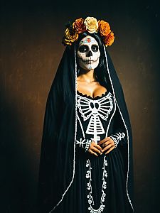 Woman in La Muerte Costume with Floral Crown - Photorealistic Day of the Dead Portrait