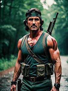 Man in Rambo First Blood Costume Cosplay Action Portrait