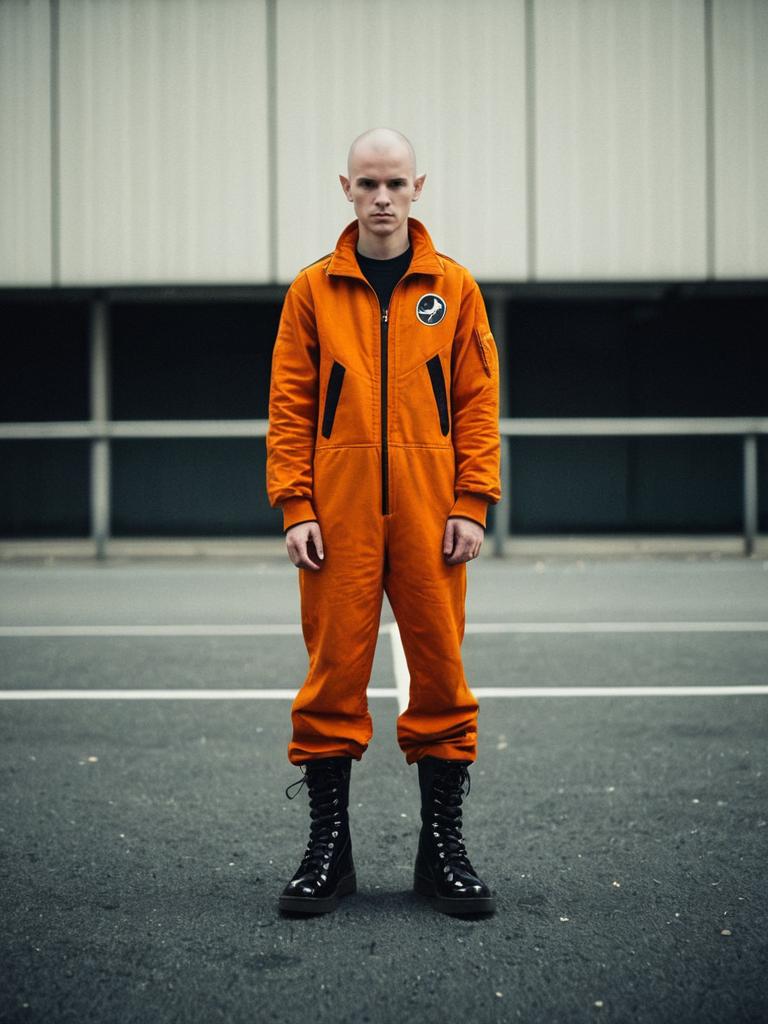 Man in Orange Jumpsuit and Black Boots Standing Outdoors