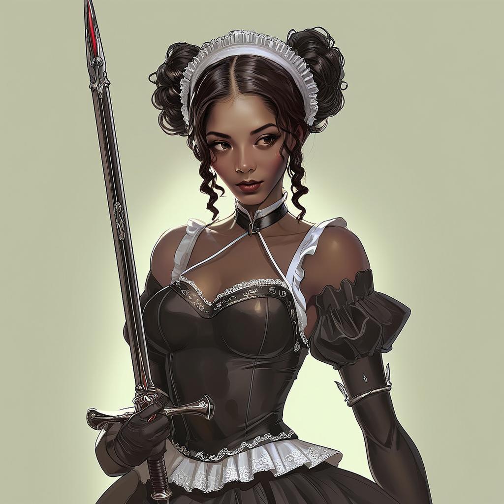 Confident Woman in Maid-Inspired Outfit with Spear