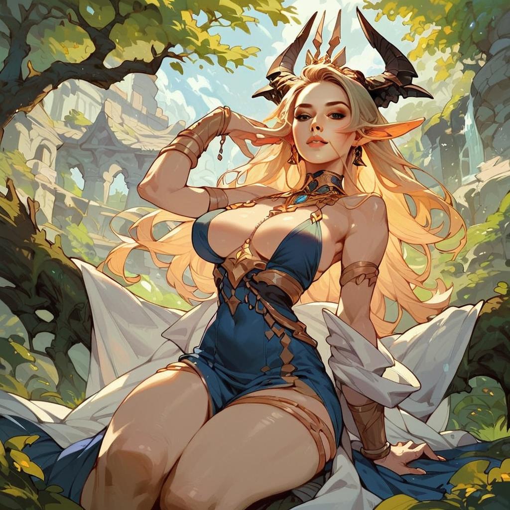 Fantasy Anime Woman with Horns in Blue Dress Amidst Ruins