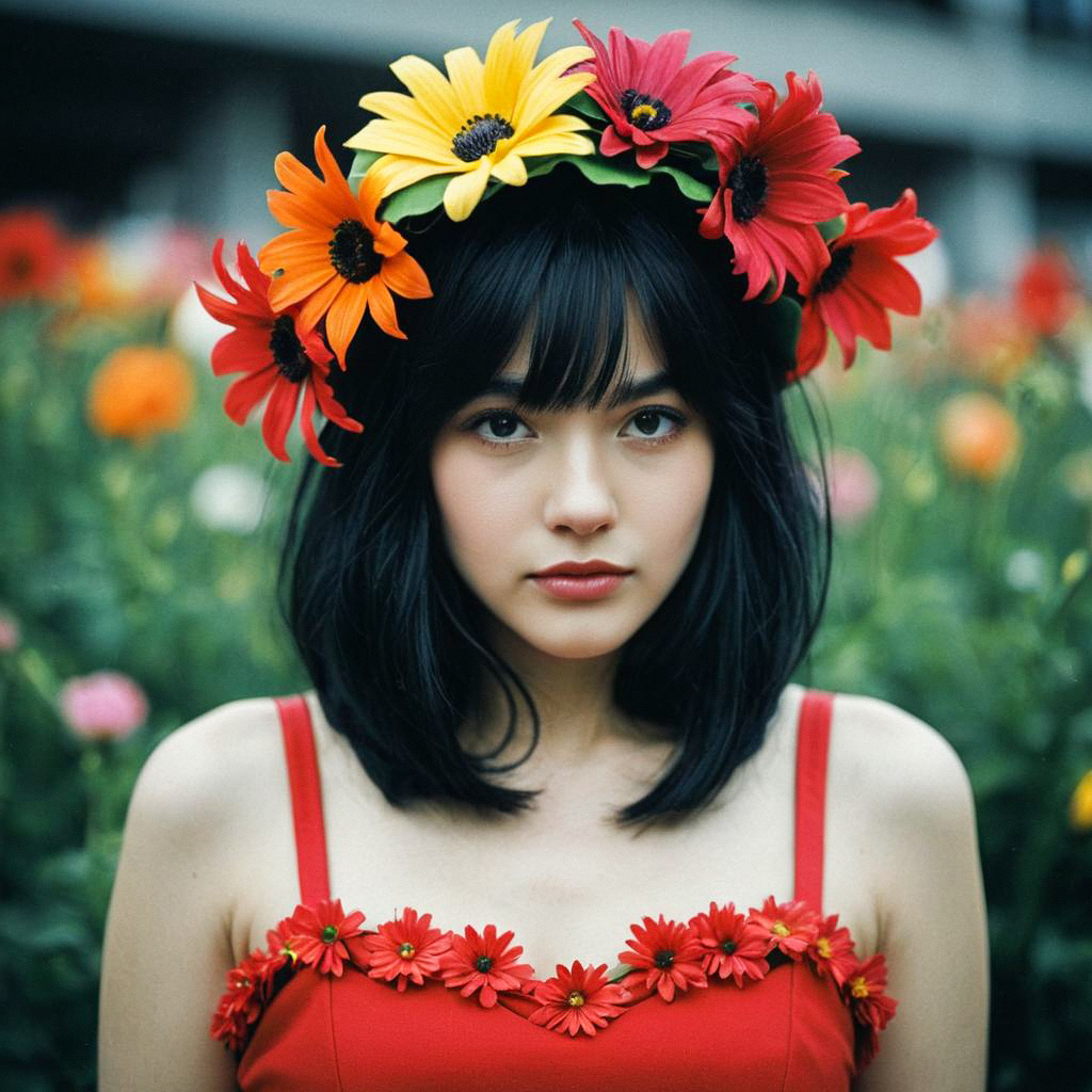 Young Woman in Red Dress with Flower Crown Young Woman in Red Dress with Flower Crown