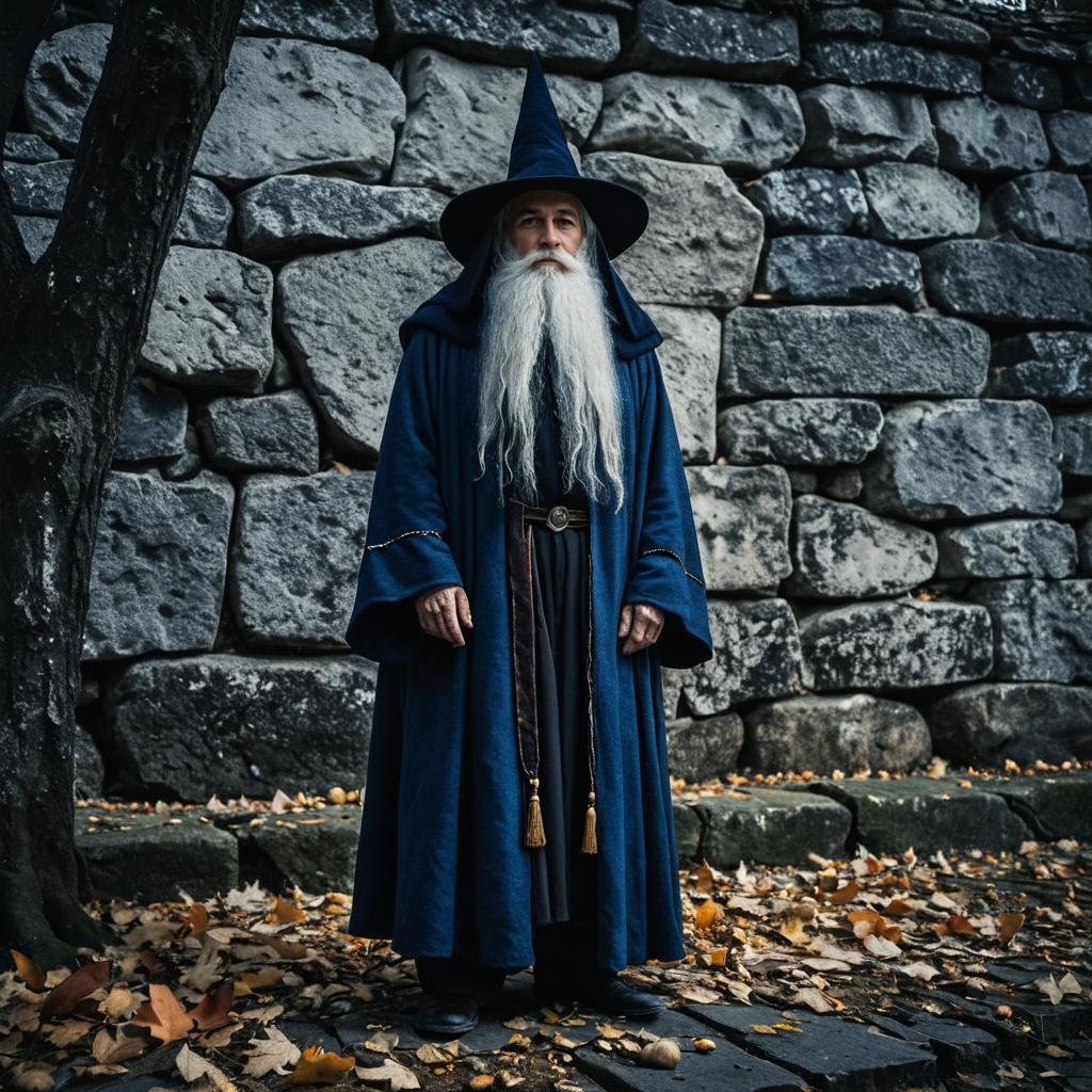 Wizard Costume Man in Blue Robe Standing by Stone Wall