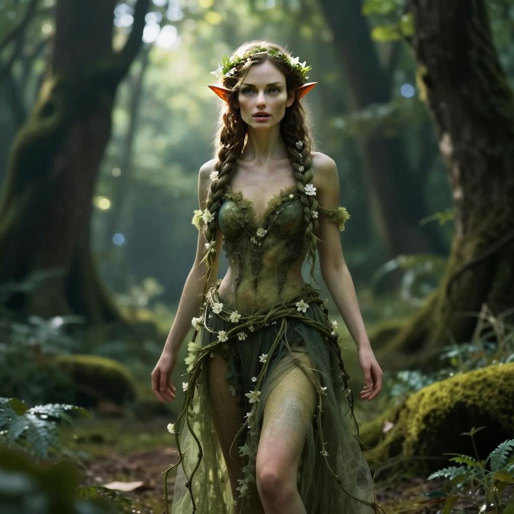 Mystical Elf Woman in Enchanted Forest with Floral Gown