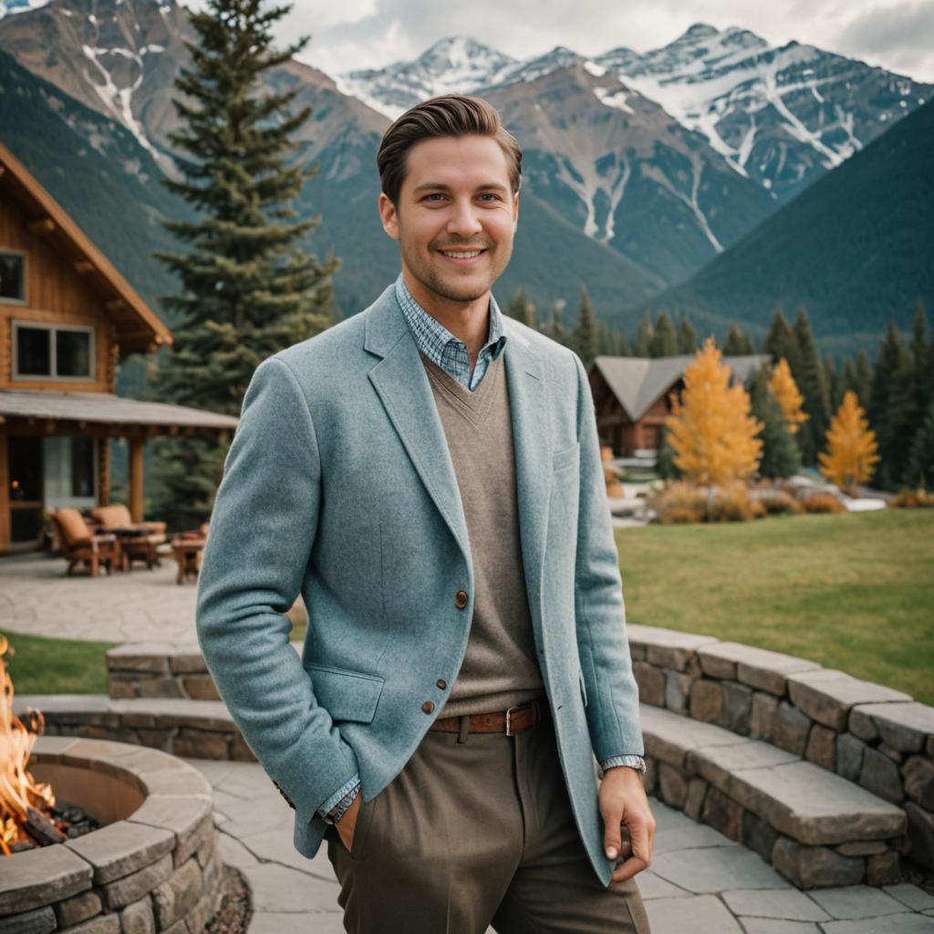 Confident Young Man in Stylish Blazer Against Mountain Backdrop