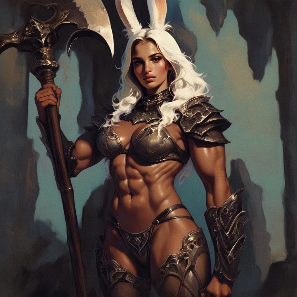 Fantasy Warrior Woman with Rabbit Ears in Dark Armor Holding Battle Axe
