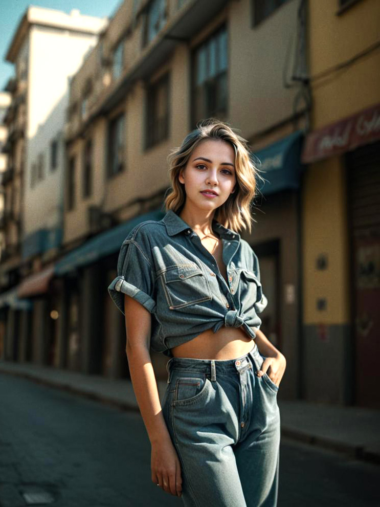 Stylish Young Woman in Trendy Denim Outfit