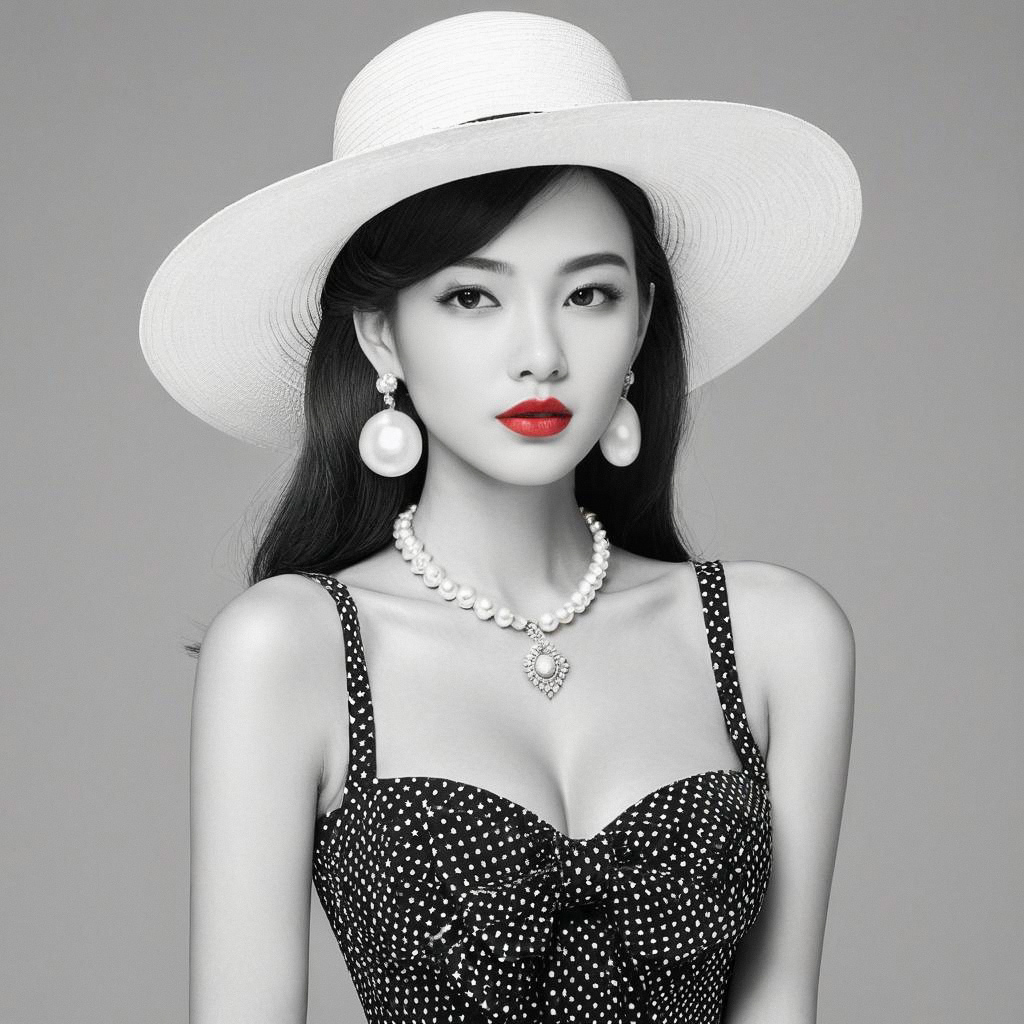 Elegant Woman in Polka Dot Dress with White Hat
