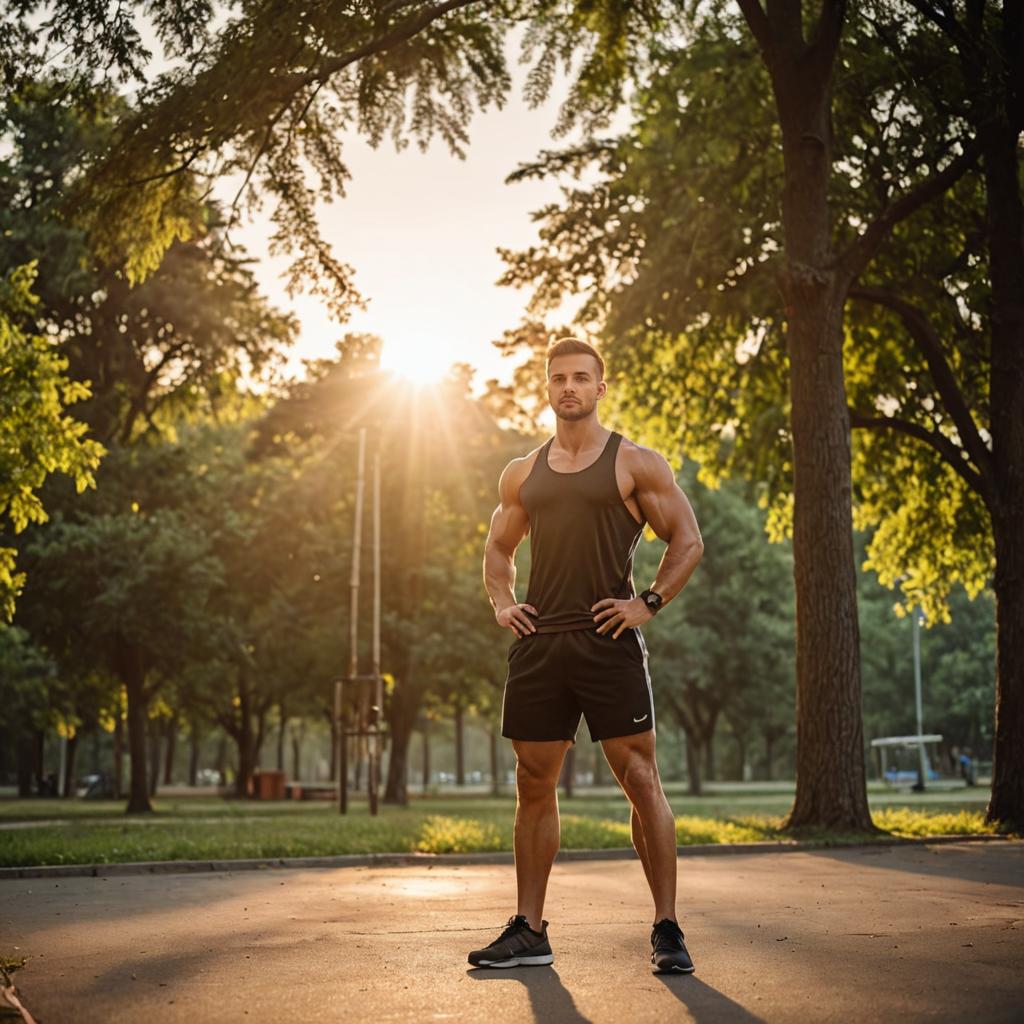 Athletic Man Showcasing Biceps at Sunset