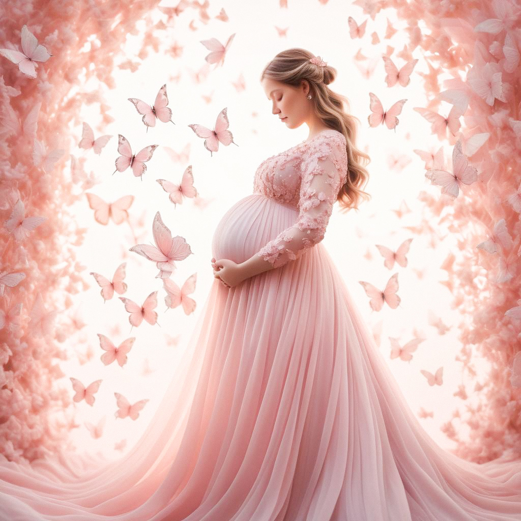 Pregnant Woman in Pink Gown with Butterflies Pregnant Woman in Pink Gown with Butterflies
