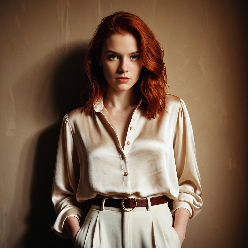 Stylish Red-Haired Woman in Satin Blouse and High-Waisted Trousers