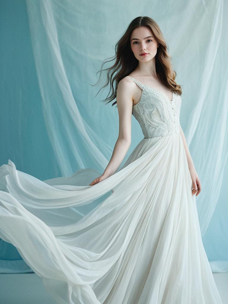 Elegant Woman in Flowing White Lace Gown with Light Blue Backdrop
