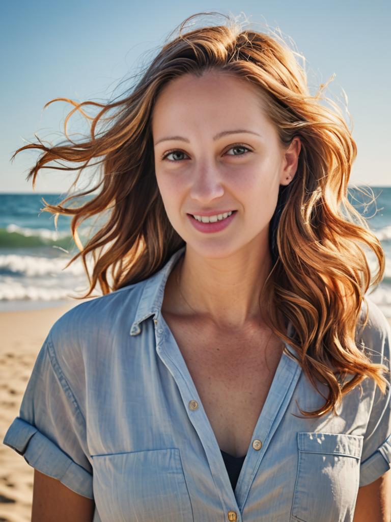 Woman on Sunny Beach with Flowing Hair