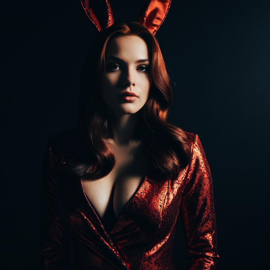 Woman in Red Shiny Bunny Costume with Dramatic Lighting Portrait