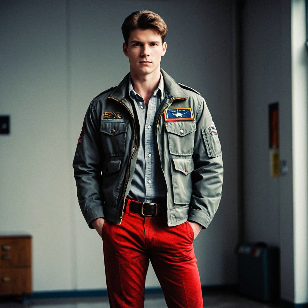 Confident Young Man in Military Jacket and Red Pants Confident Young Man in Military Jacket and Red Pants