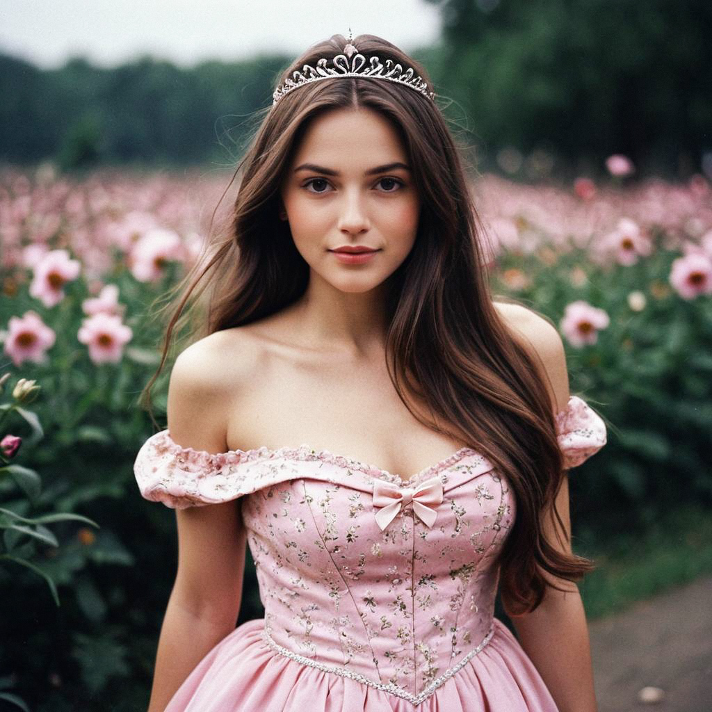 Elegant Woman in Pink Dress in Blooming Field Elegant Woman in Pink Dress in Blooming Field
