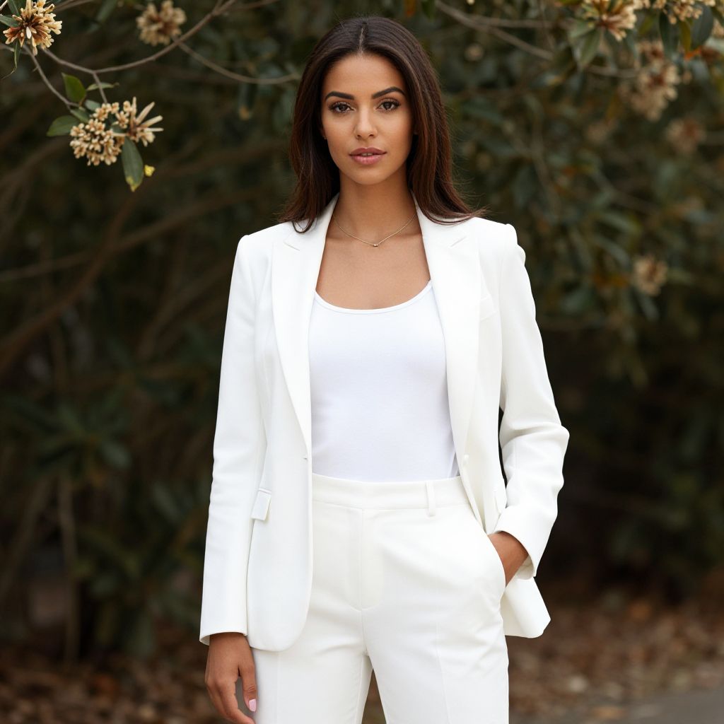 Confident Woman in Elegant White Blazer and Trousers Outdoor Portrait