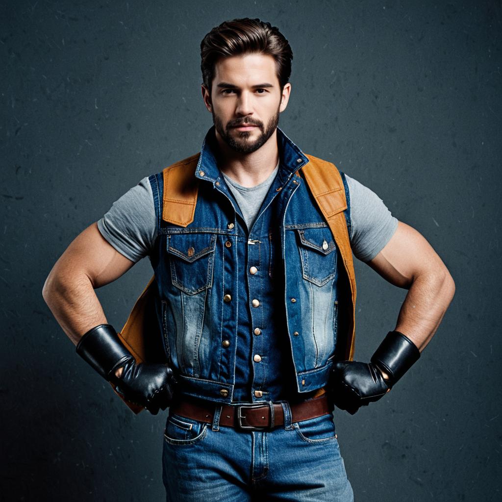 Confident man in sleeveless denim vest and leather gloves